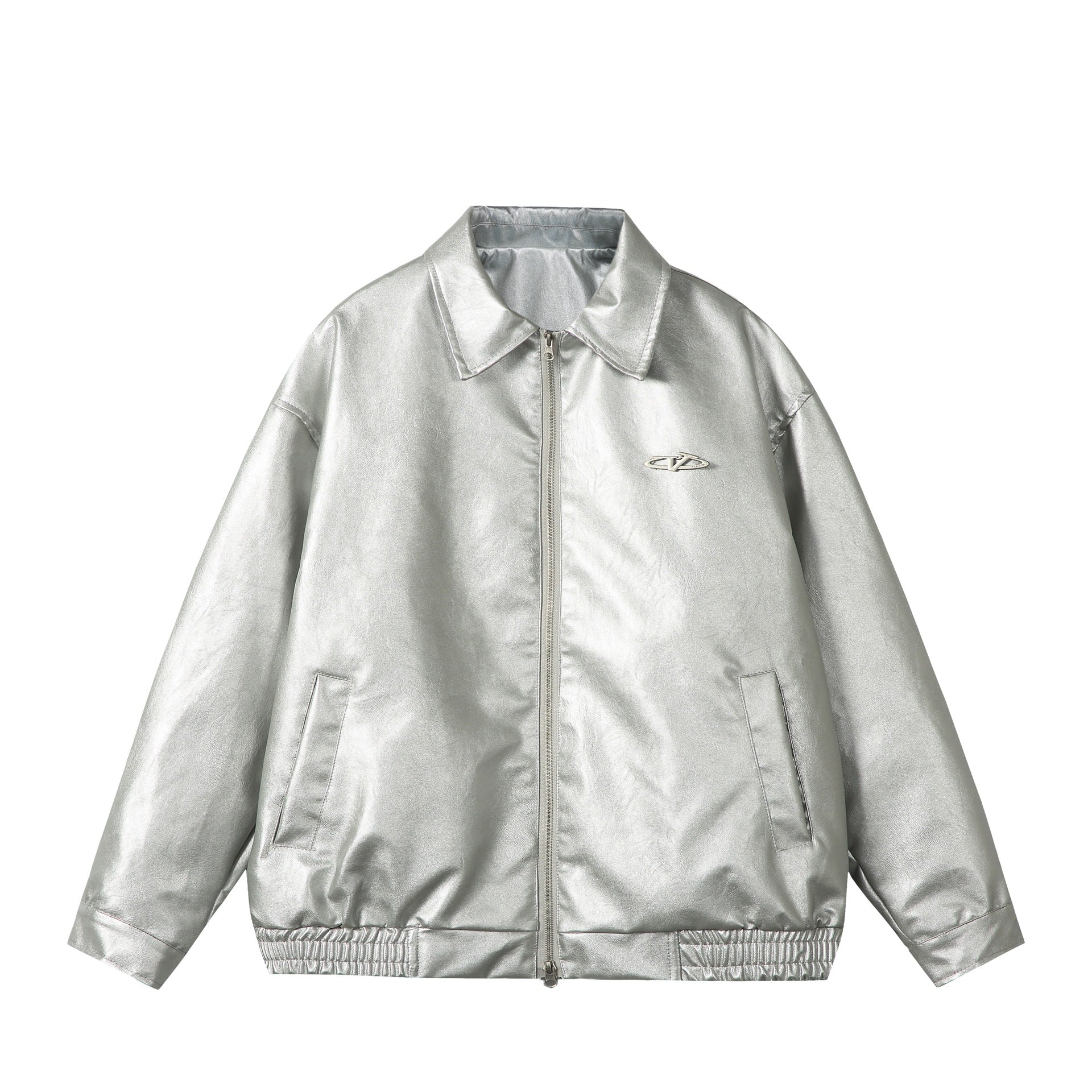 Ladies Oversize Smooth Leather Look Blouson Jacket with Elastic Hem and Metal Logo Chichicherry