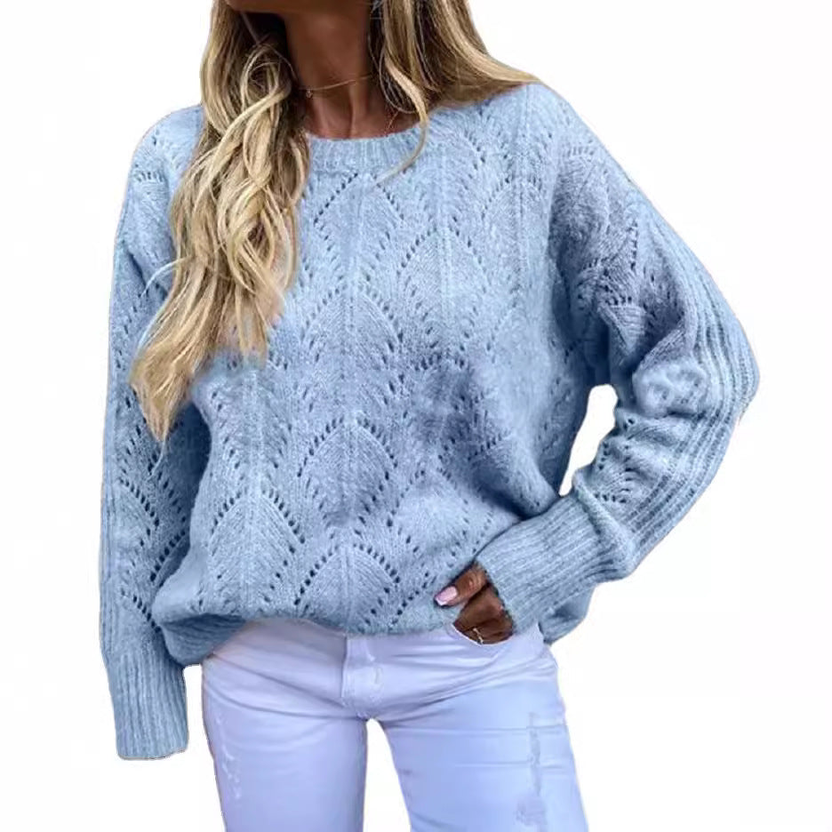 Women Oversize Ajour Knit Sweater with Round Neck Chichicherry