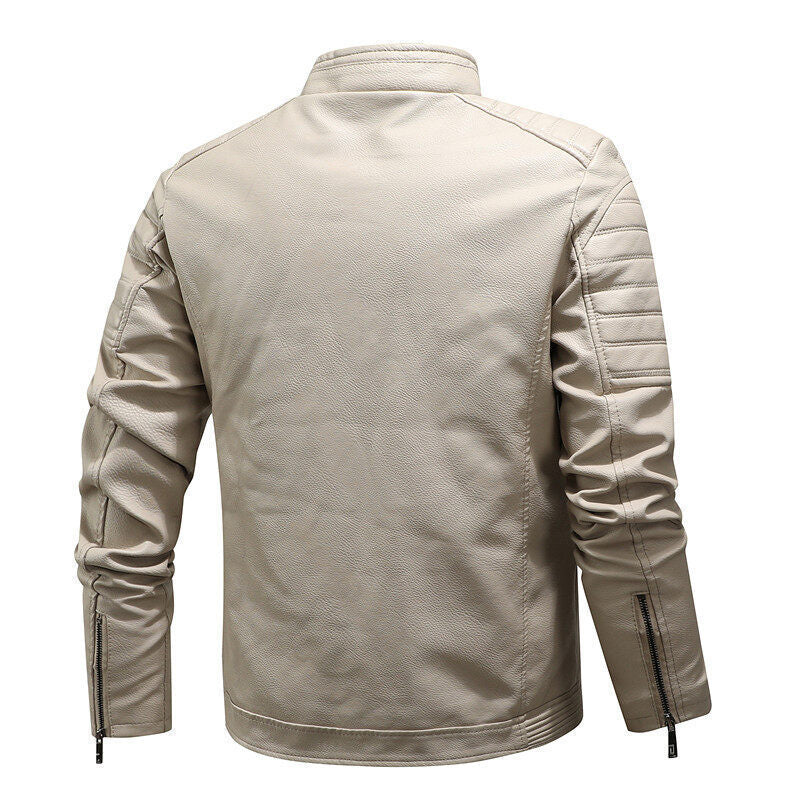 Men's Faux Leather Moto Jacket with Quilted Shoulder Yoke and Warm Teddy Fleece Lining Chichicherry