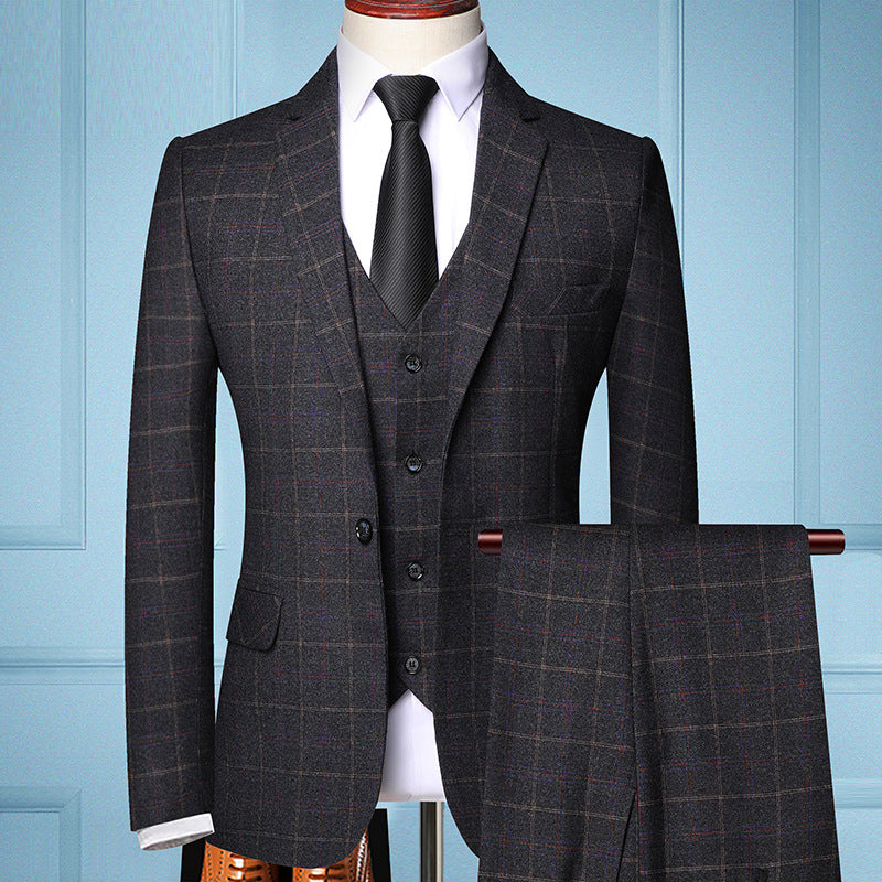 Men's Three-Piece Slim-Fit Suit with Vest and Fine Checkered Pattern Chichicherry