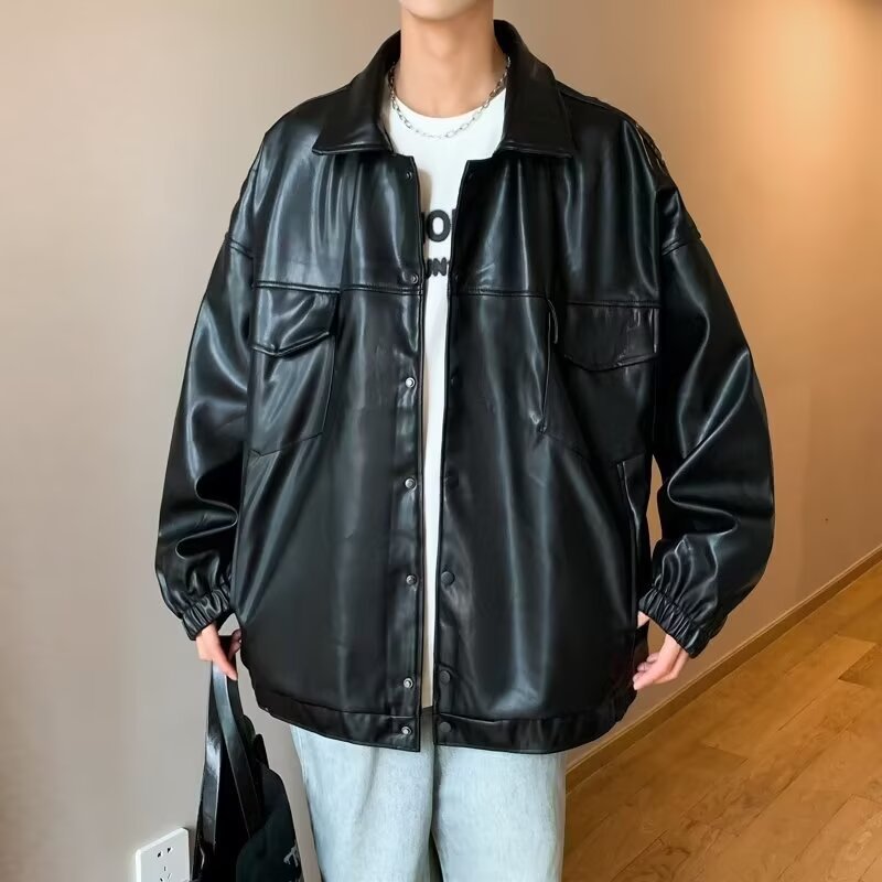 Herren Oversized PU-Leder-Shacket mit Pattentaschen und elastischen Bündchen Chichicherry