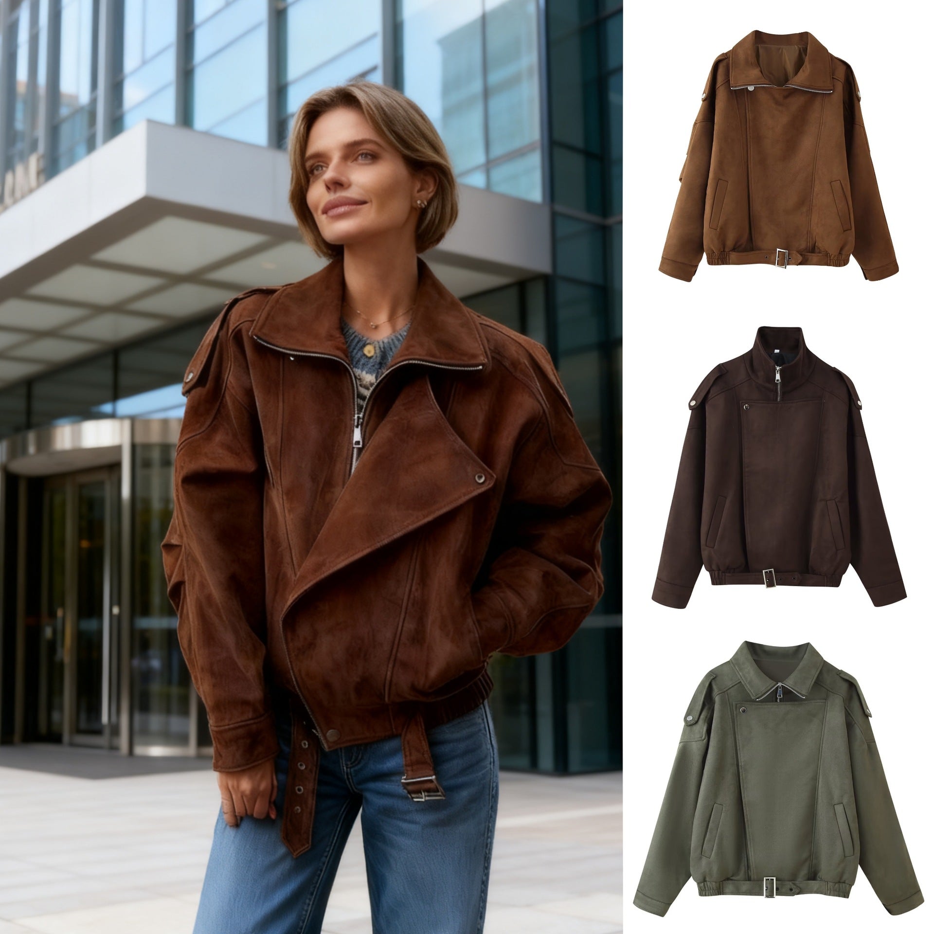 Women's short jacket in biker blouson style with belt and asymmetrical flap Chichicherry