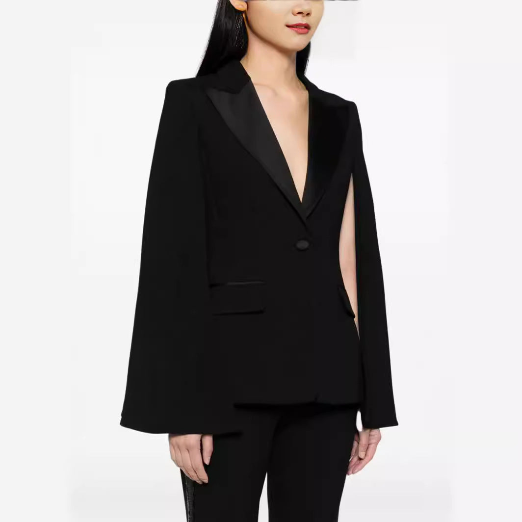 Women's Two-Piece Evening Blazer Set with Cape Sleeves and Flared Marlene Pants Chichicherry