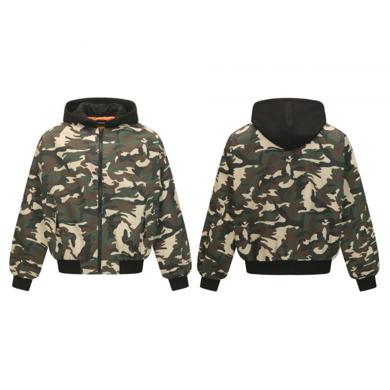 Unisex short-cut camouflage hoodie bomber jacket with padded lining and elastic cuffs Chichicherry