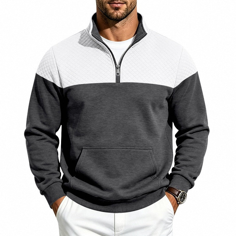 Men's Stand Collar Sweatshirt with Half Zip, Quilted Shoulder Yoke and Kangaroo Pocket Chichicherry