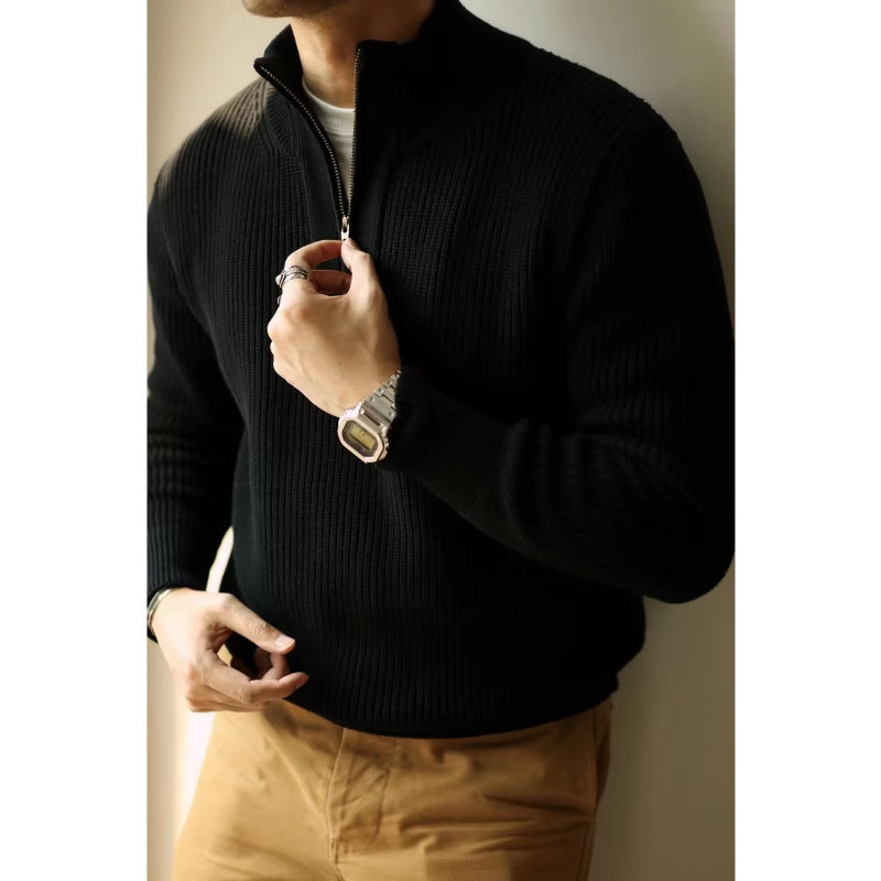 Herren Grobgerippter Halbzip-Strickpullover mit Stehkragen Chichicherry