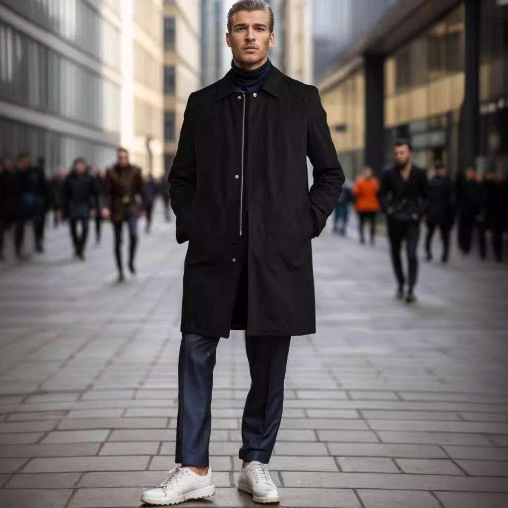 Men's Mid-Length Single-Breasted Coat with Concealed Button Placket and Tailored Silhouette Chichicherry