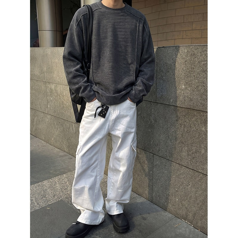Men's Oversize Waffle Knit Sweater with Round Neck Chichicherry