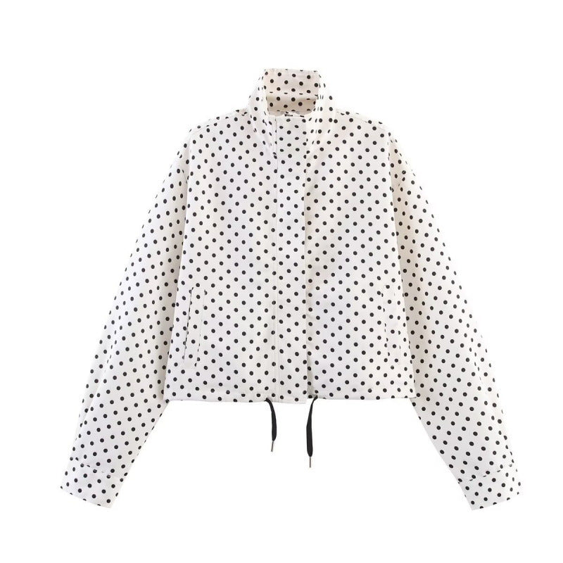 Women's Cropped Quilted Jacket with Polka Dot Print, Stand Collar and Drawstring Chichicherry