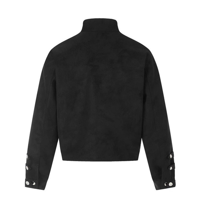 Men's short-cut suede-look jacket with stand-up collar, belt buckle, and decorative buttons Chichicherry