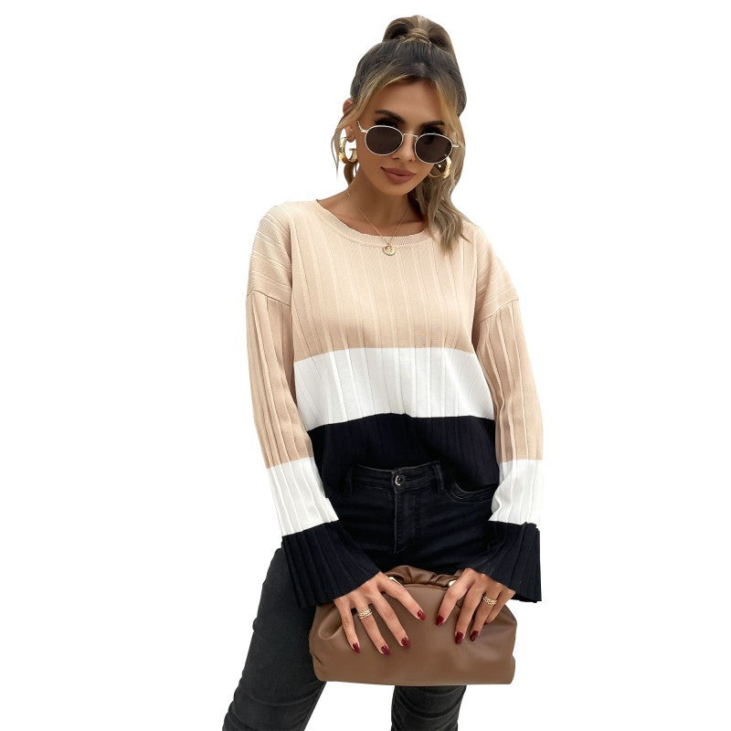 Women Ribbed Colorblock Sweater with Wide Cuff Sleeve Chichicherry
