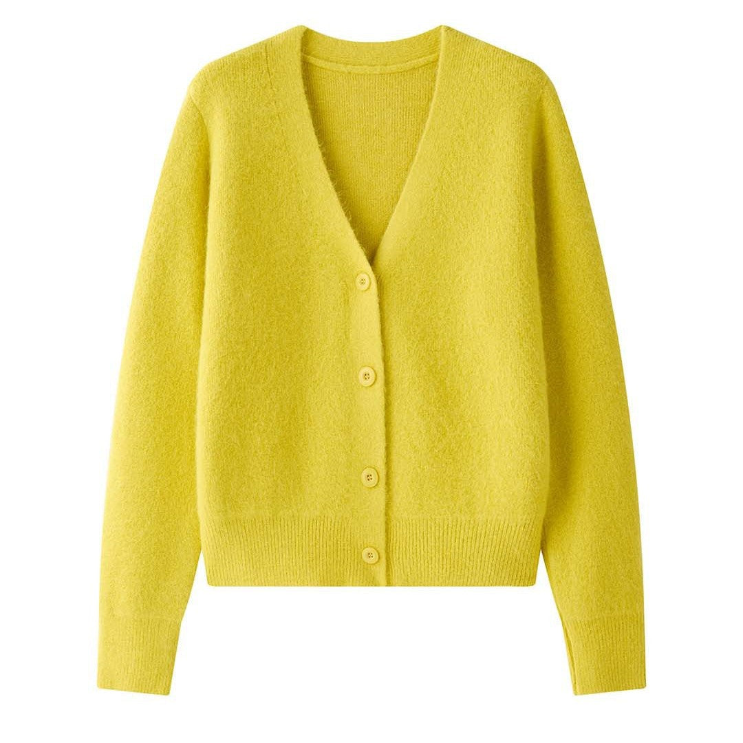 Women's Cozy Mohair-Look Button Cardigan with V-Neck and Short Hem Chichicherry