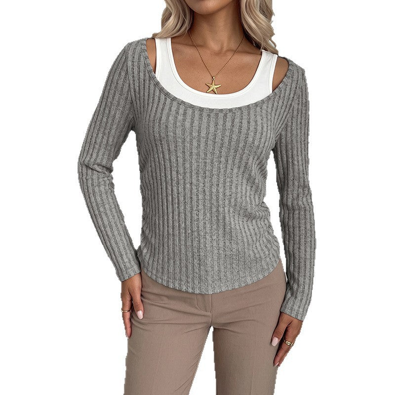 Women Ribbed Long Sleeve Shirt with Wide Boat Neck and Fitted Silhouette Chichicherry