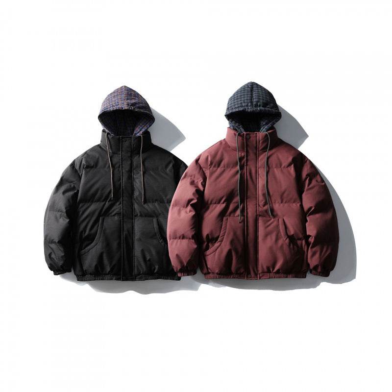 Unisex Padded Puffer Jacket in Boxy Cut with Checkered Insert Hood and High Stand-Up Collar Chichicherry