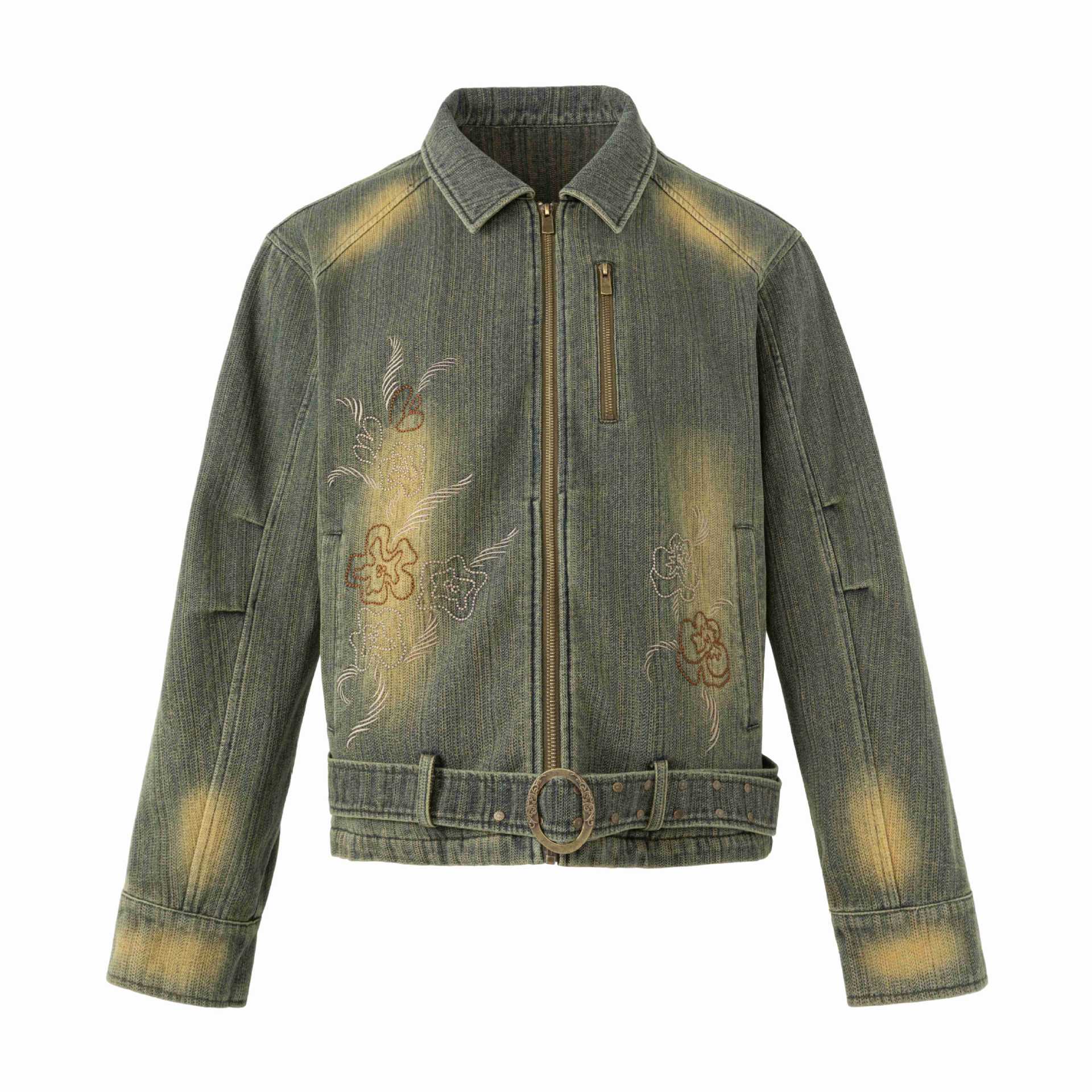 Women's Embroidered Short Denim Blouson Jacket with Waist Belt and Zipper Chichicherry