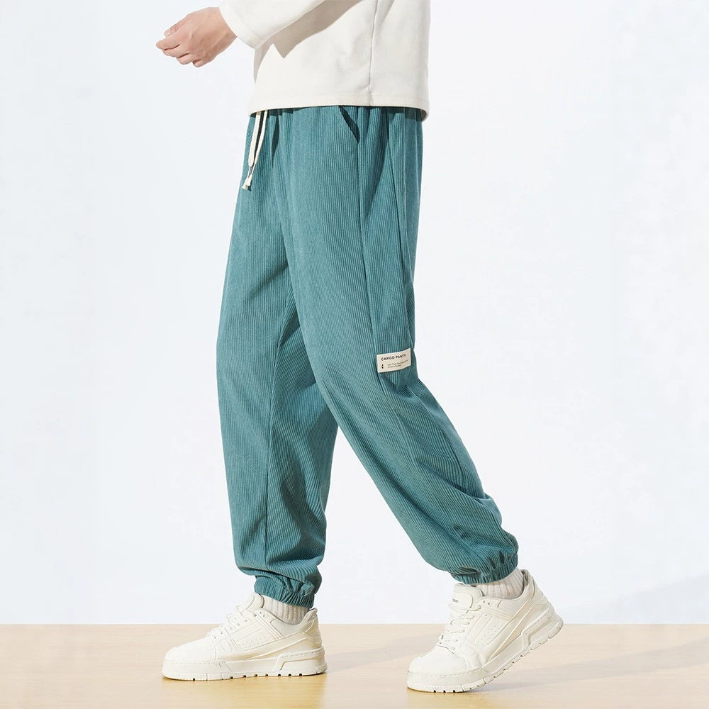 Men's Relaxed-Fit Cord Jogging Pants with Drawstring, Elastic Ankle Cuffs & Cargo Detail Chichicherry