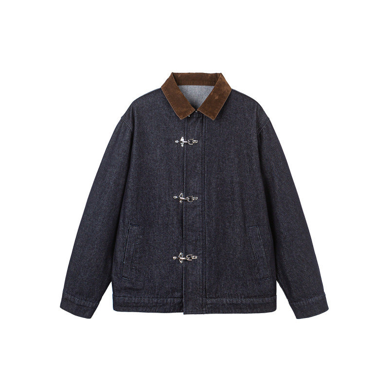 Men's Boxy Denim Jacket with Cord Collar and Metal Toggle Closures Chichicherry