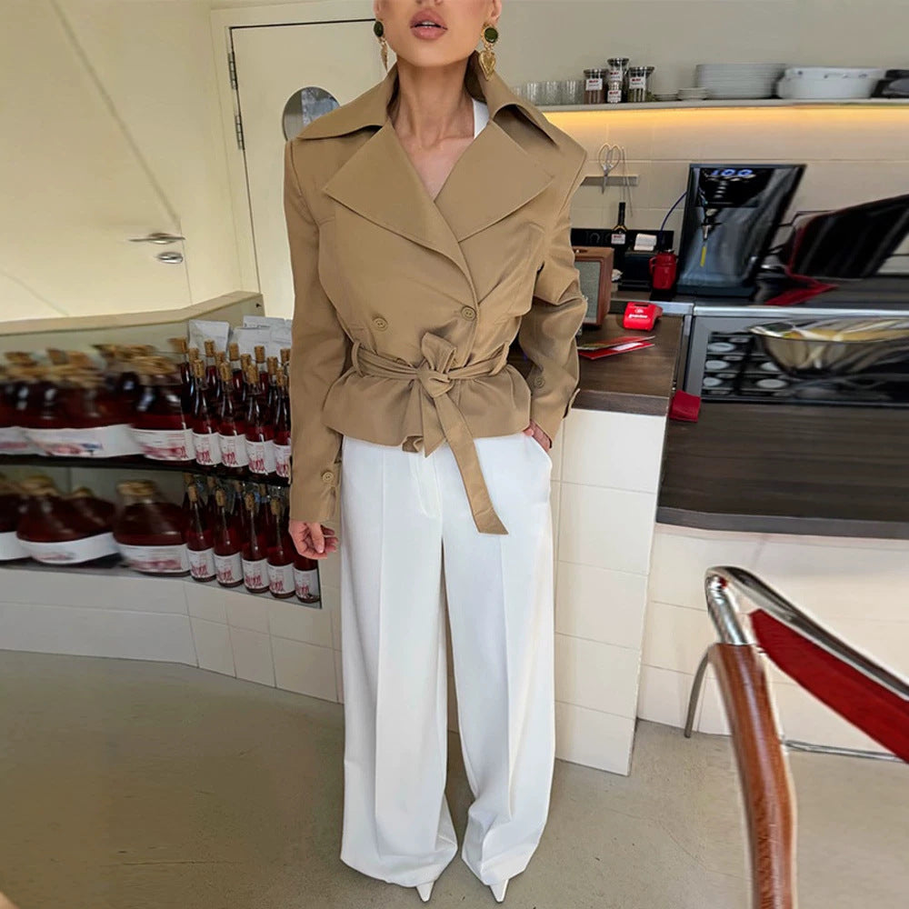 Women Tailored Trench Set with Peplum, Tied Belt & Pencil Skirt Chichicherry