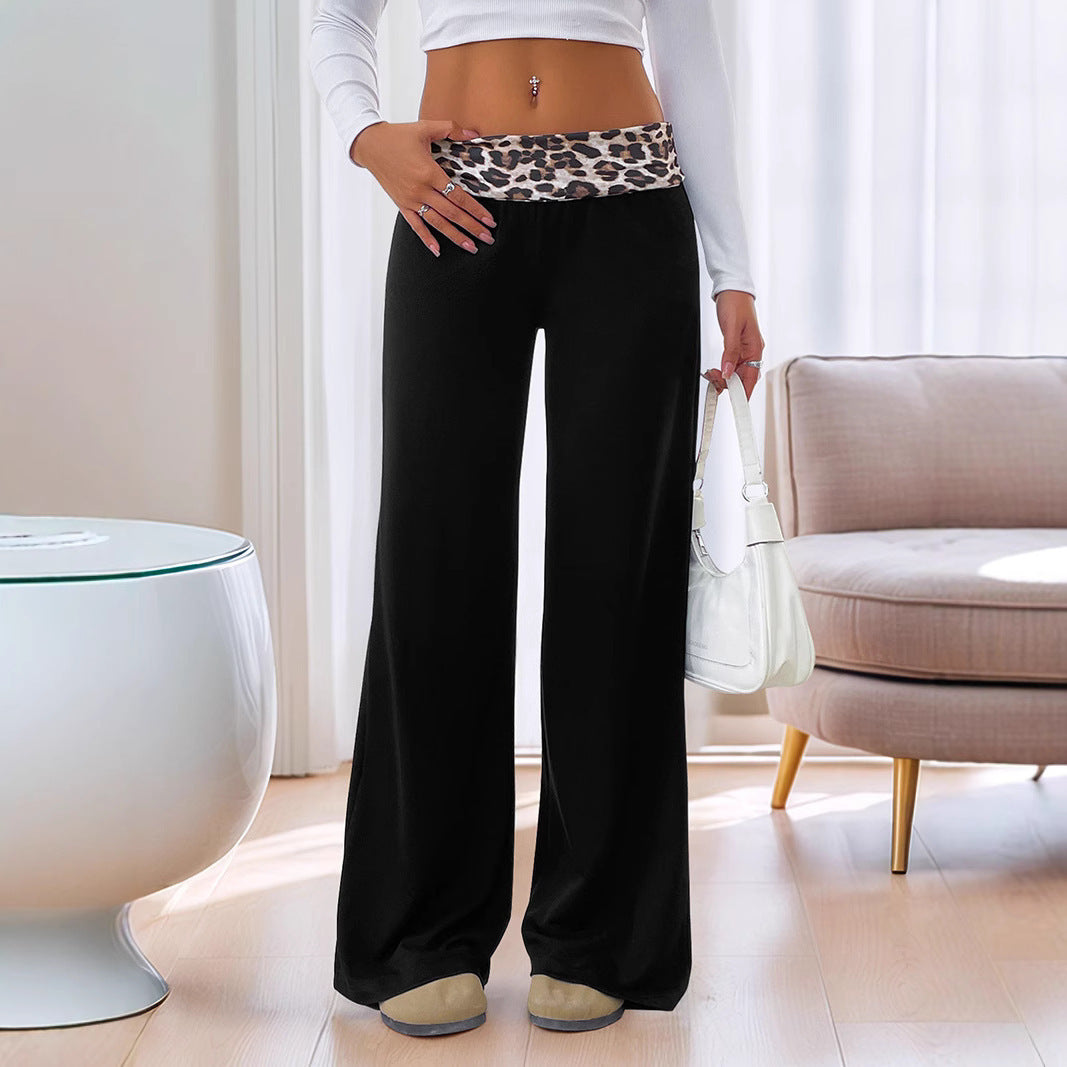 Women’s Loose Lounge Pants with Turned-Down Leopard Waistband and High Waist Chichicherry