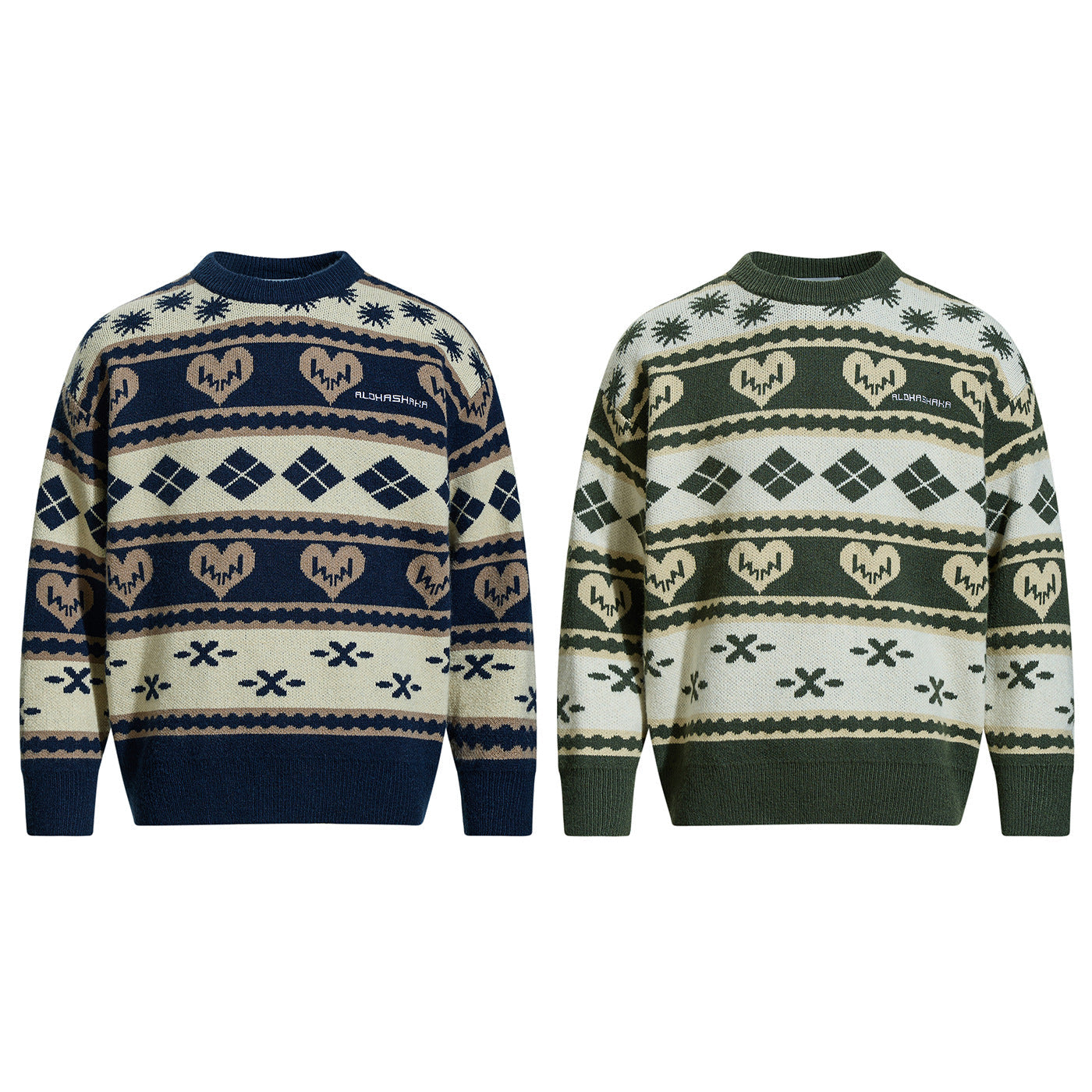 Men's Patterned Chunky Knit Sweater in Norwegian Style with Round Neck
