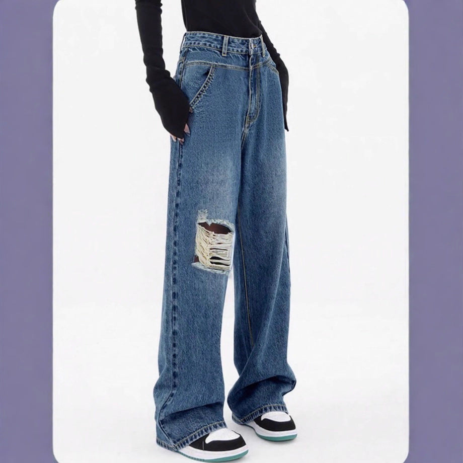 Women high-waisted oversized baggy jeans with knee rip and wide leg Chichicherry