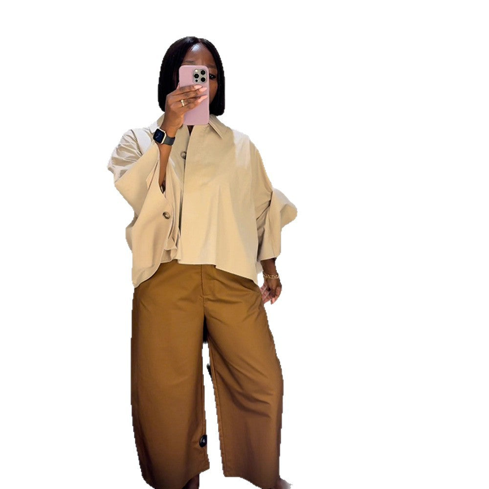 Women's Boxy Cropped Shirt Blouse with Wide Batwing Sleeve and Fine Tuck Chichicherry