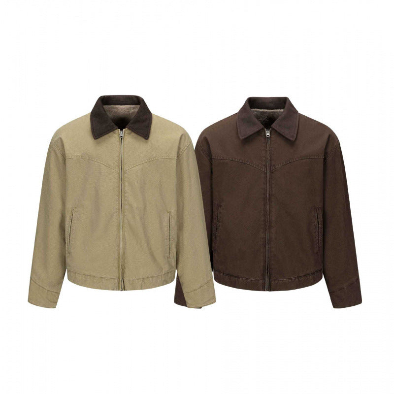Men's Fleece-Lined Canvas Blouson Jacket with Teddy Lining and Shirt Collar Chichicherry