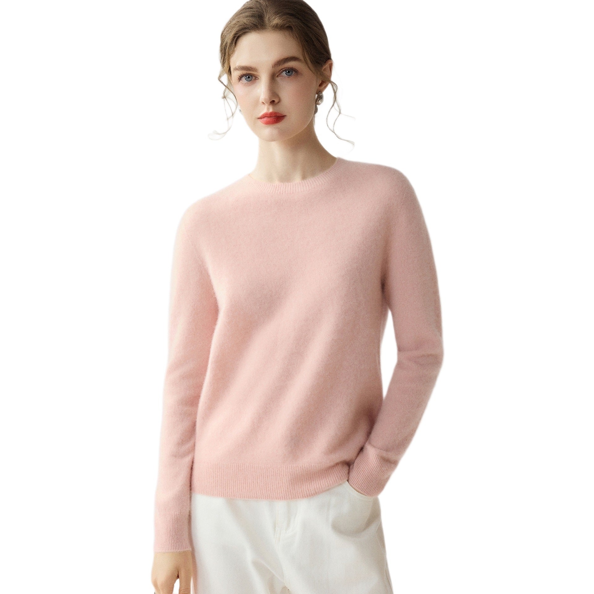 Women's Lightweight Crew Neck Sweater in Cashmere Look with Extra Fine Plush and Ribbed Hem Chichicherry