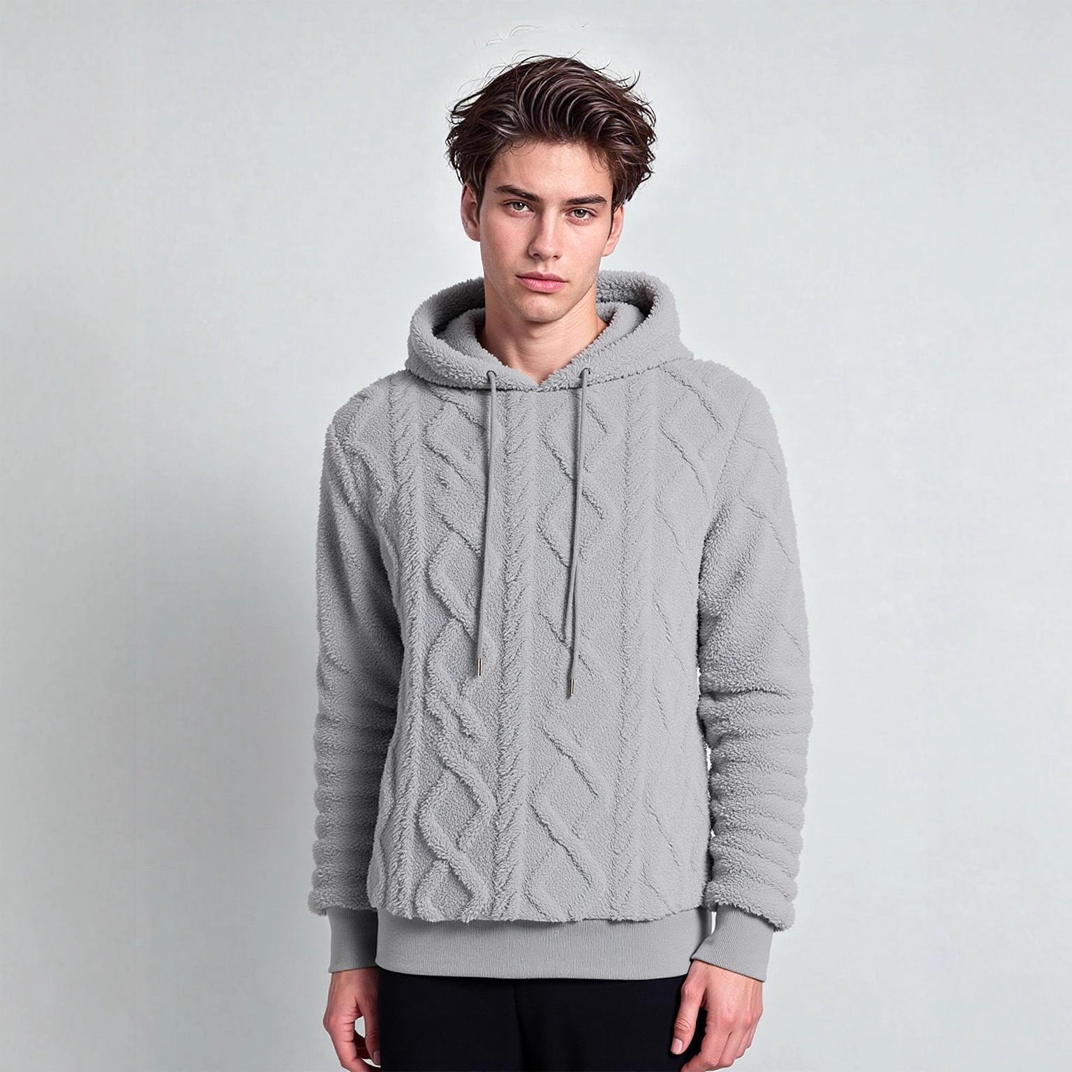 Men's teddy fleece hoodie with diamond structure, lined hood, and soft ribbed cuffs Chichicherry