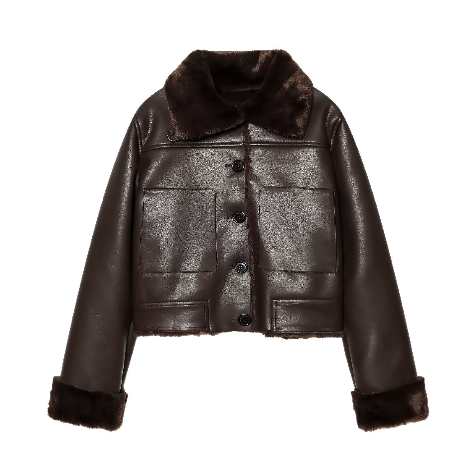 Women's short jacket in lambskin look with fur collar, patch pockets and button placket Chichicherry