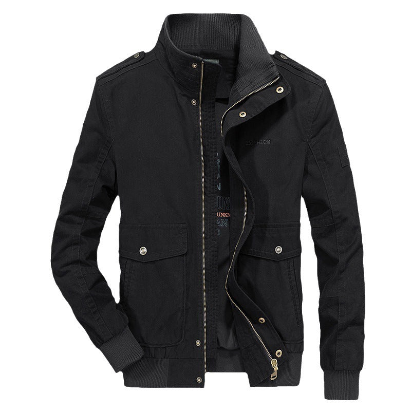 Men's utility canvas jacket with high stand-up collar, shoulder patches, and double front opening Chichicherry