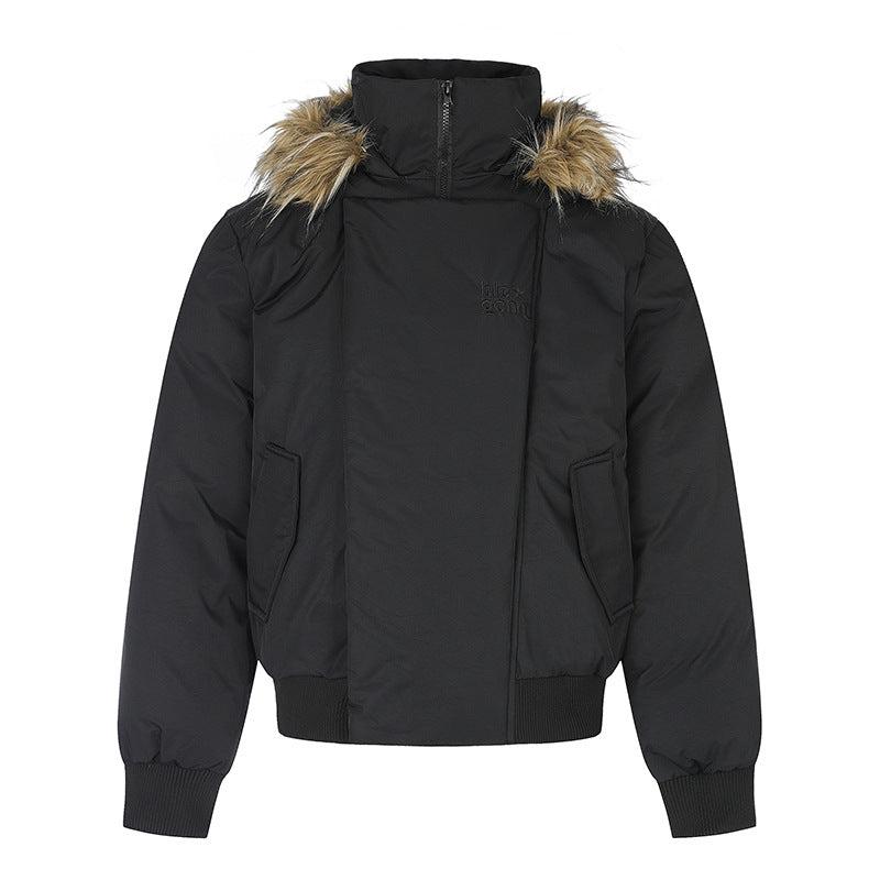 Women's padded short bomber jacket with removable faux fur hood, high stand-up collar, and ribbed cuffs Chichicherry