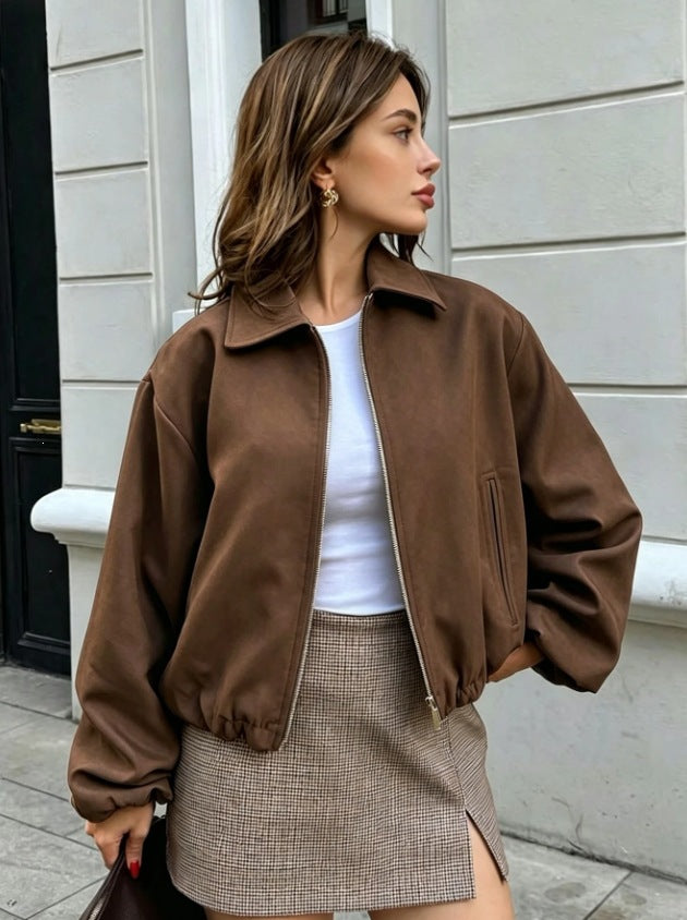 Ladies short cut oversized bomber jacket with zipper and elastic hem Chichicherry