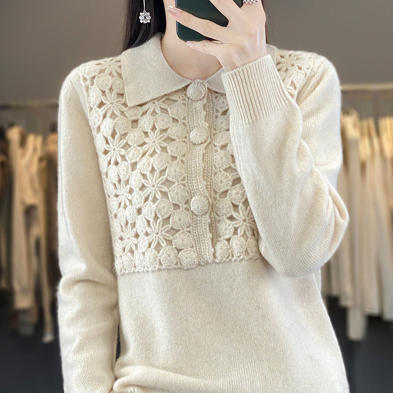 Ladies knitted pullover with crocheted lace edge and polo collar Chichicherry