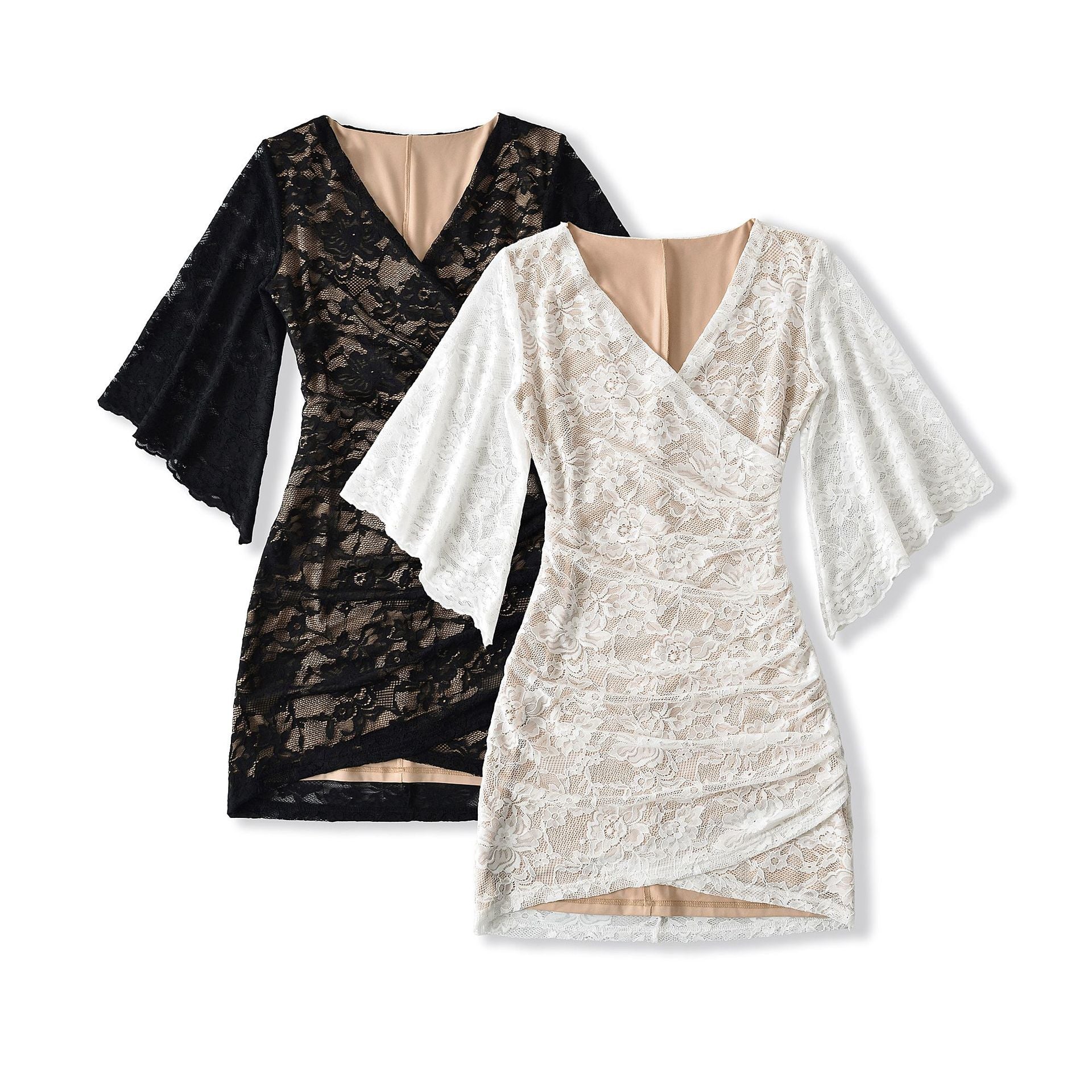 Women's lace wrap dress with trumpet sleeves and gathered silhouette Chichicherry