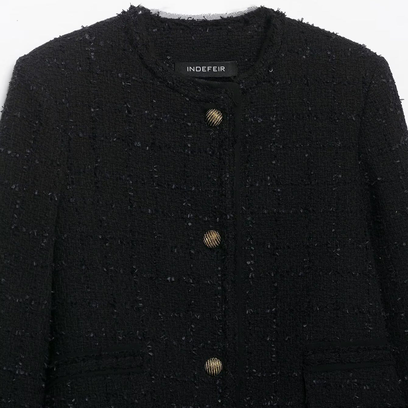 Women's Short Bouclé Tweed Jacket without Collar with Gold Decorative Buttons Chichicherry