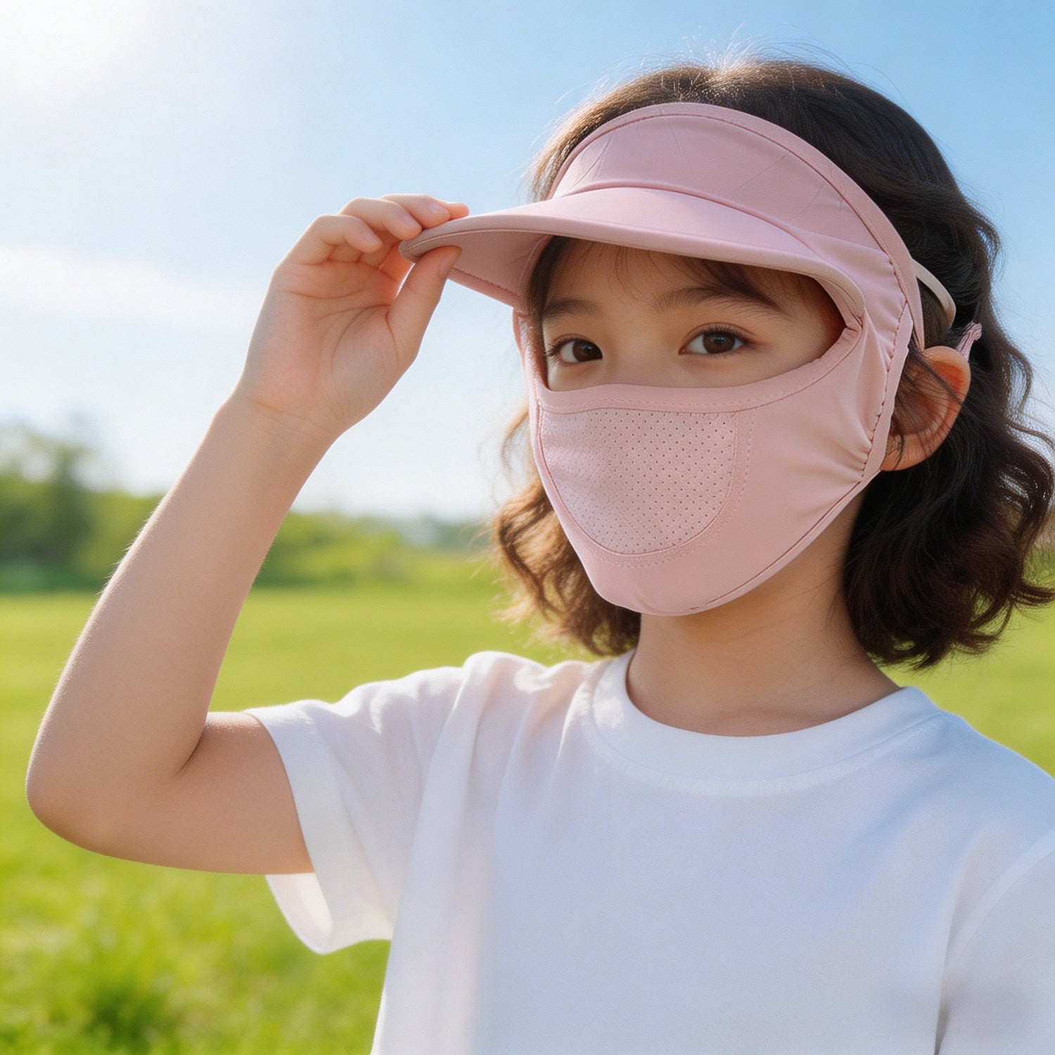 Unisex nan children's sun visor with integrated breathable face mask, adjustable neck strap, and perforated chin area Chichicherry