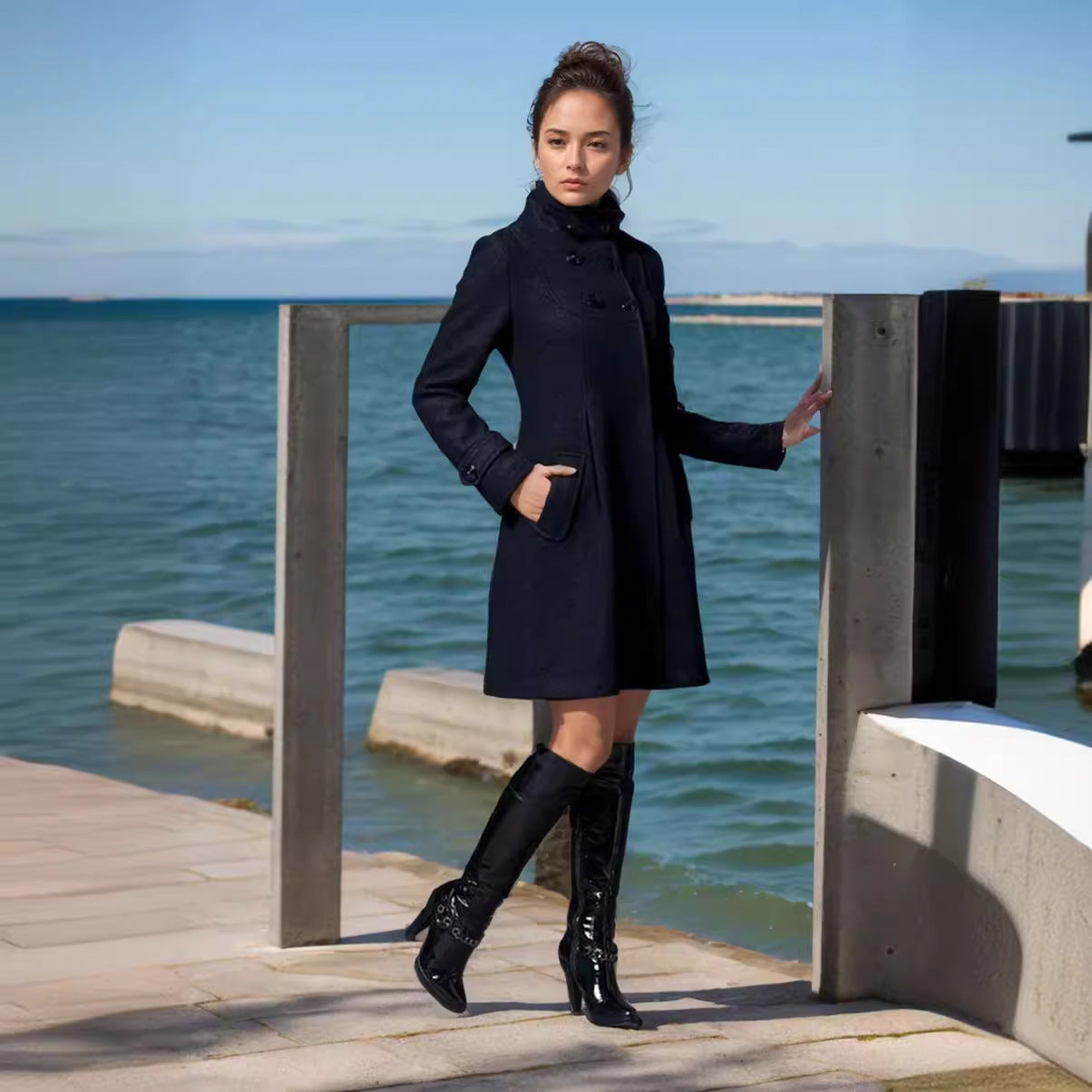 Women Tailored Wool Blend Coat with High Stand-Up Collar and A-Line Silhouette Chichicherry