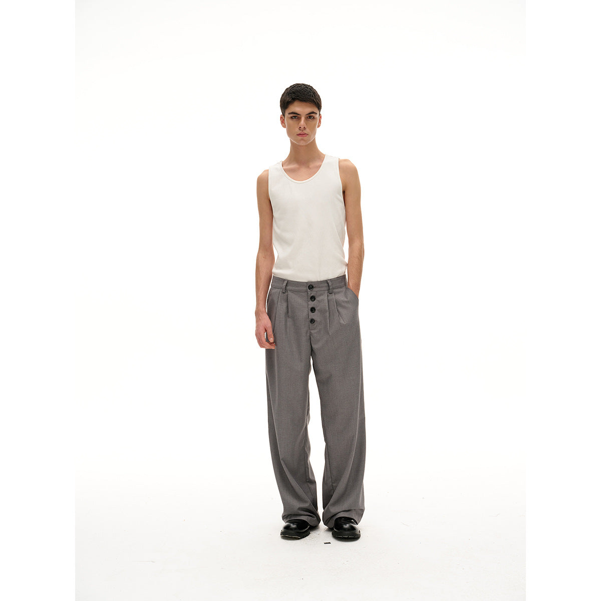 Women's Wide High-Waist Pleated Trousers with Distinctive Button Placket Chichicherry