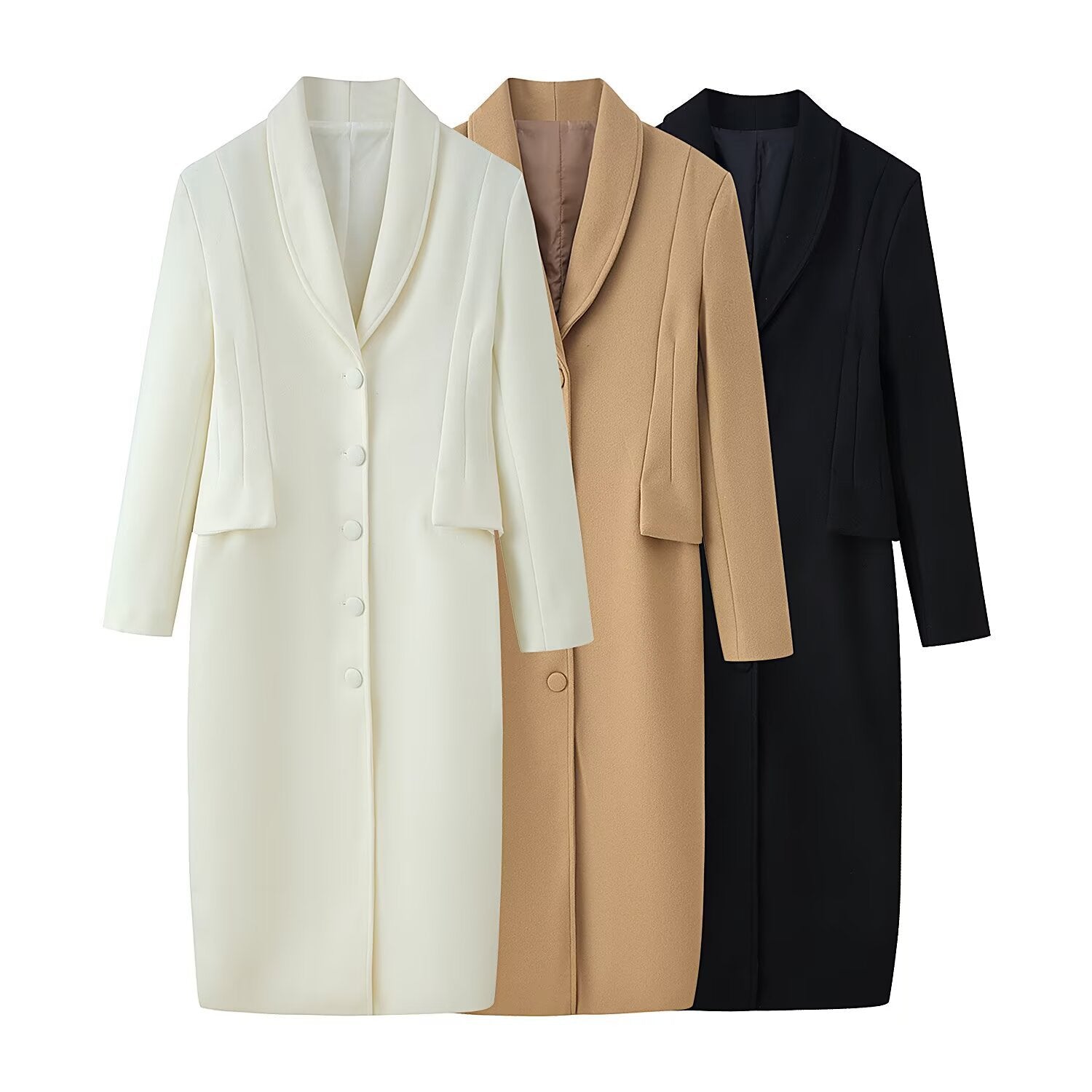 Women's Tailored Longline Wool Blend Coat with Shawl Collar and Concealed Button Placket Chichicherry