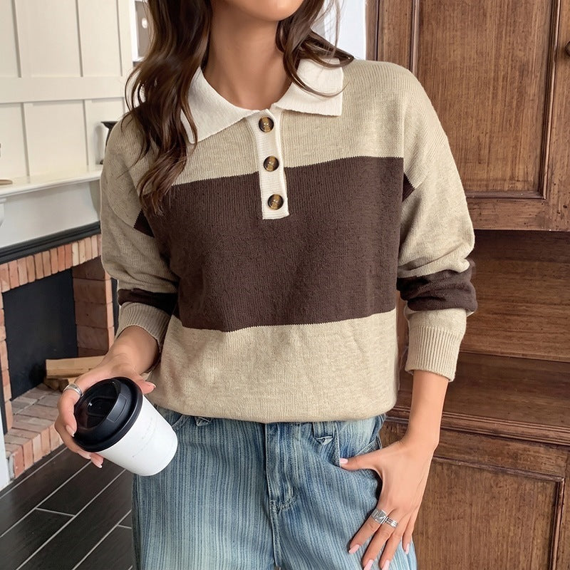 Women Striped Oversized Polo Knit Sweater with Button Placket and Ribbed Hem Chichicherry