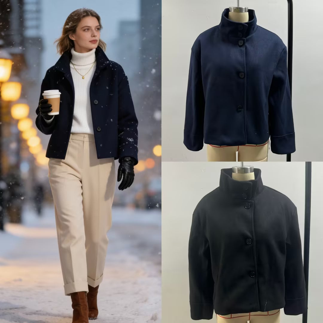 Women's Boxy Short Jacket with High Stand Collar and Concealed Button Placket Chichicherry