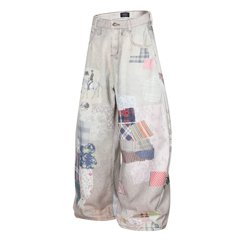 Women's Wide High-Waist Culotte Jeans with Patchwork Print and Balloon Silhouette Chichicherry