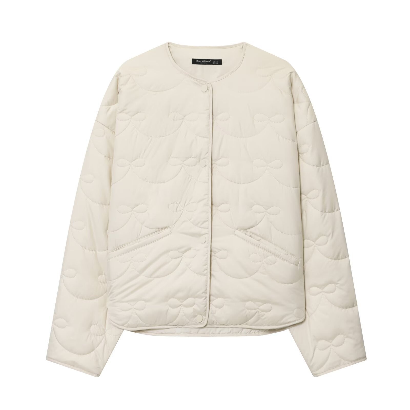 Women’s quilted jacket without collar with decorative bow quilting and snap button closure Chichicherry