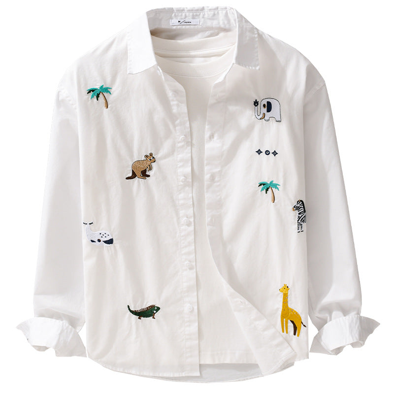 Women's Loose Cotton Shirt with Hand-Embroidered Safari Motifs Chichicherry