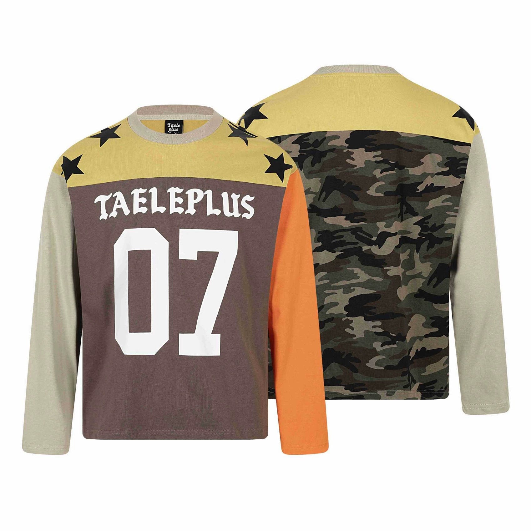 Unisex long sleeve shirt in vintage sports style with number print and star appliqués Chichicherry