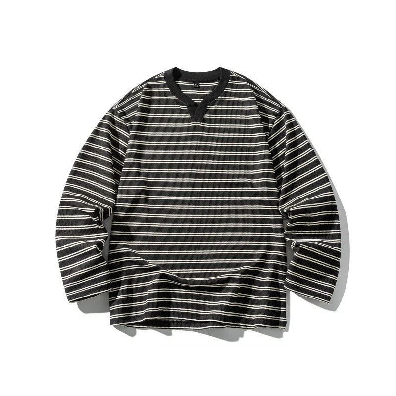 Unisex Striped Textured Long Sleeve with Notch V-Neck and Ribbed Structure Chichicherry