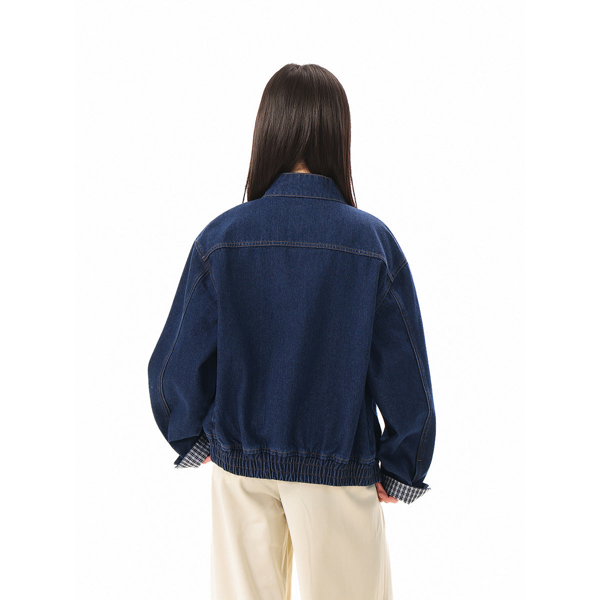 Unisex Boxy Denim Jacket with Check Lining, Stand-Up Collar and Flap Pockets Chichicherry