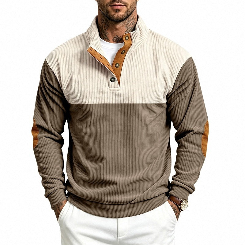 Men's Structured Ribbed Henley Half-Zip with Stand Collar and Elbow Patches Chichicherry