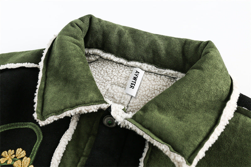 Unisex Patchwork-Sheepskin Look Jacket with Floral Embroidery Chichicherry